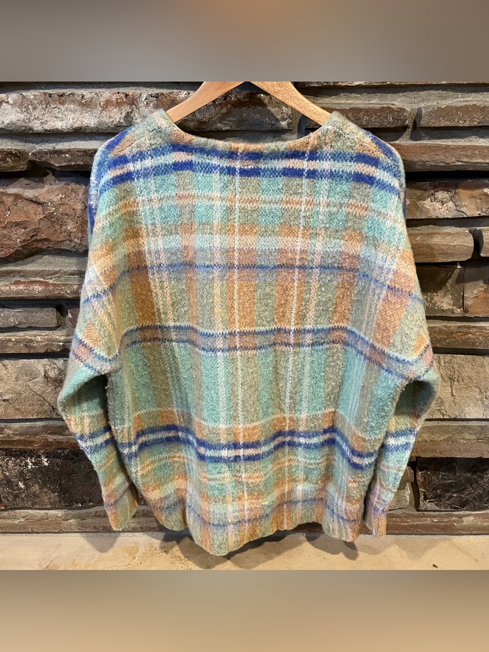 Free People Primrose Plaid Tunic V-Neck Sweater in Mint, Tan & Blue - Picture 5 of 7